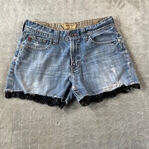 Big Star Voyager Denim Shorts Womens 32 Blue Lace Trimmed Distressed